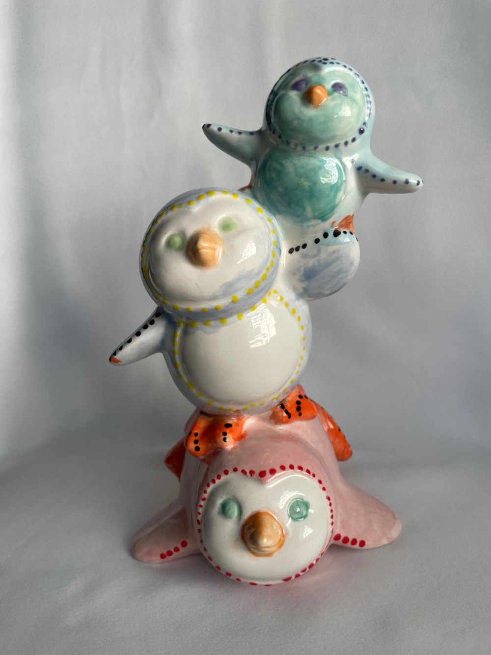 3 Penguins Stacked Bank Handpainted singed Pastel cottagecore whimsical pretty